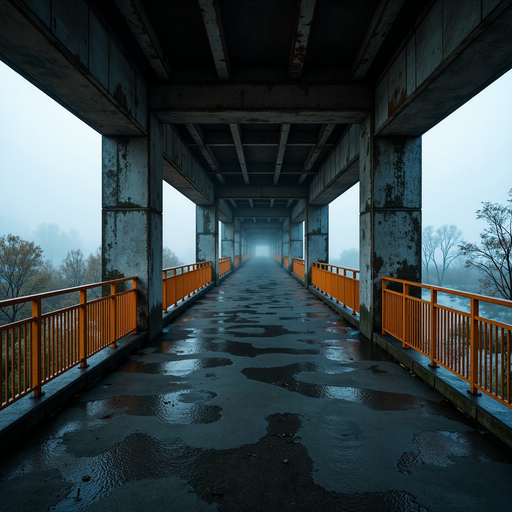 Prompt: Rustic pedestrian bridge, brutalist architecture, weathered steel beams, rough concrete pillars, industrial textures, muted earth tones, bold orange accents, vibrant yellow railings, deep blue shadows, dramatic lighting, low-angle shot, cinematic composition, high contrast ratio, gritty urban atmosphere, overcast sky, misty fog, atmospheric perspective, realistic reflections.