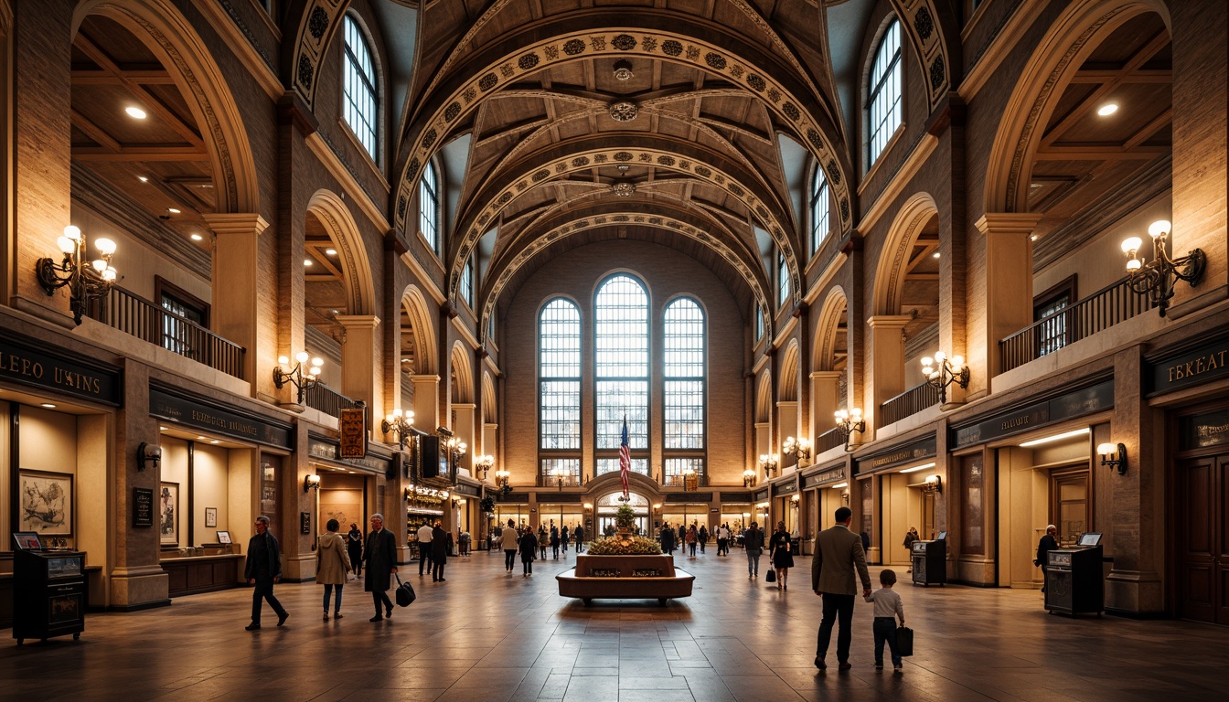 Prompt: Grand Renaissance-style train station, ornate fa\u00e7ade details, arched windows, intricate stonework, majestic clock towers, sweeping staircases, elegant ironwork, warm golden lighting, rich wooden accents, vintage luggage carts, classic ticket booths, bustling passenger activity, historic architectural elements, symmetrical composition, shallow depth of field, 1/2 composition, soft warm color palette, realistic textures, ambient occlusion.