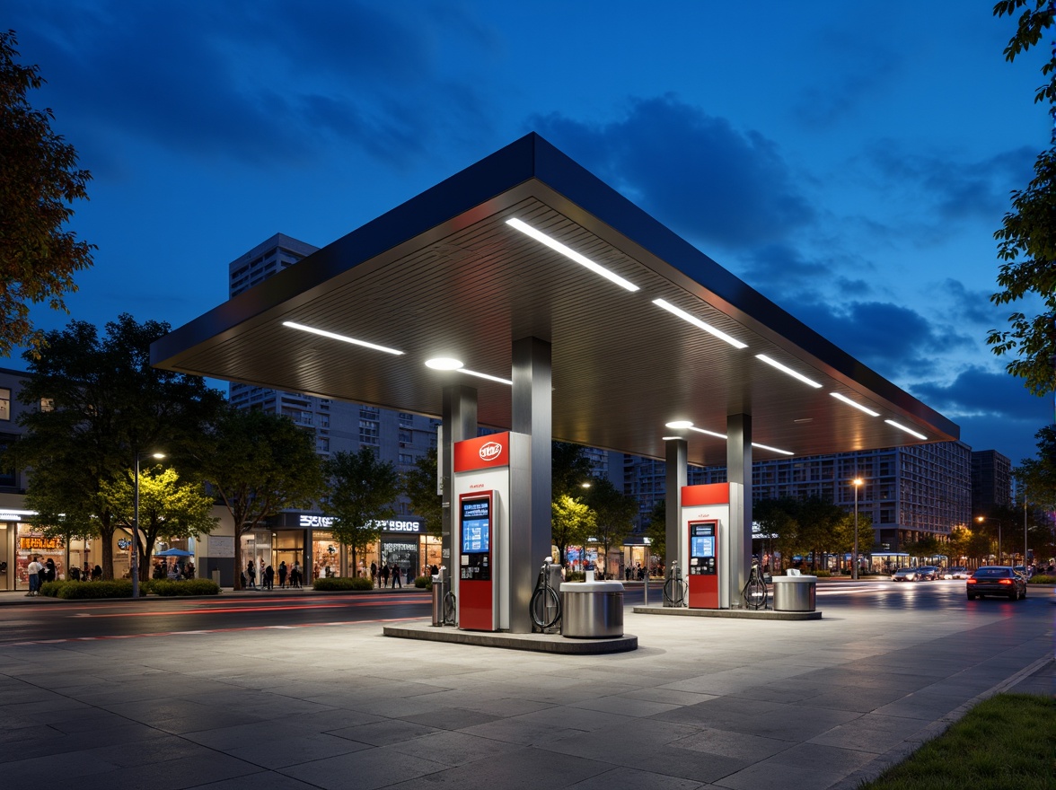 Prompt: Modern gas station, sleek metal canopy, LED lighting, fuel pumps, concrete foundations, stainless steel pipes, industrial-style signage, urban landscape, busy streets, vibrant city lights, evening atmosphere, shallow depth of field, 1/1 composition, realistic textures, ambient occlusion.