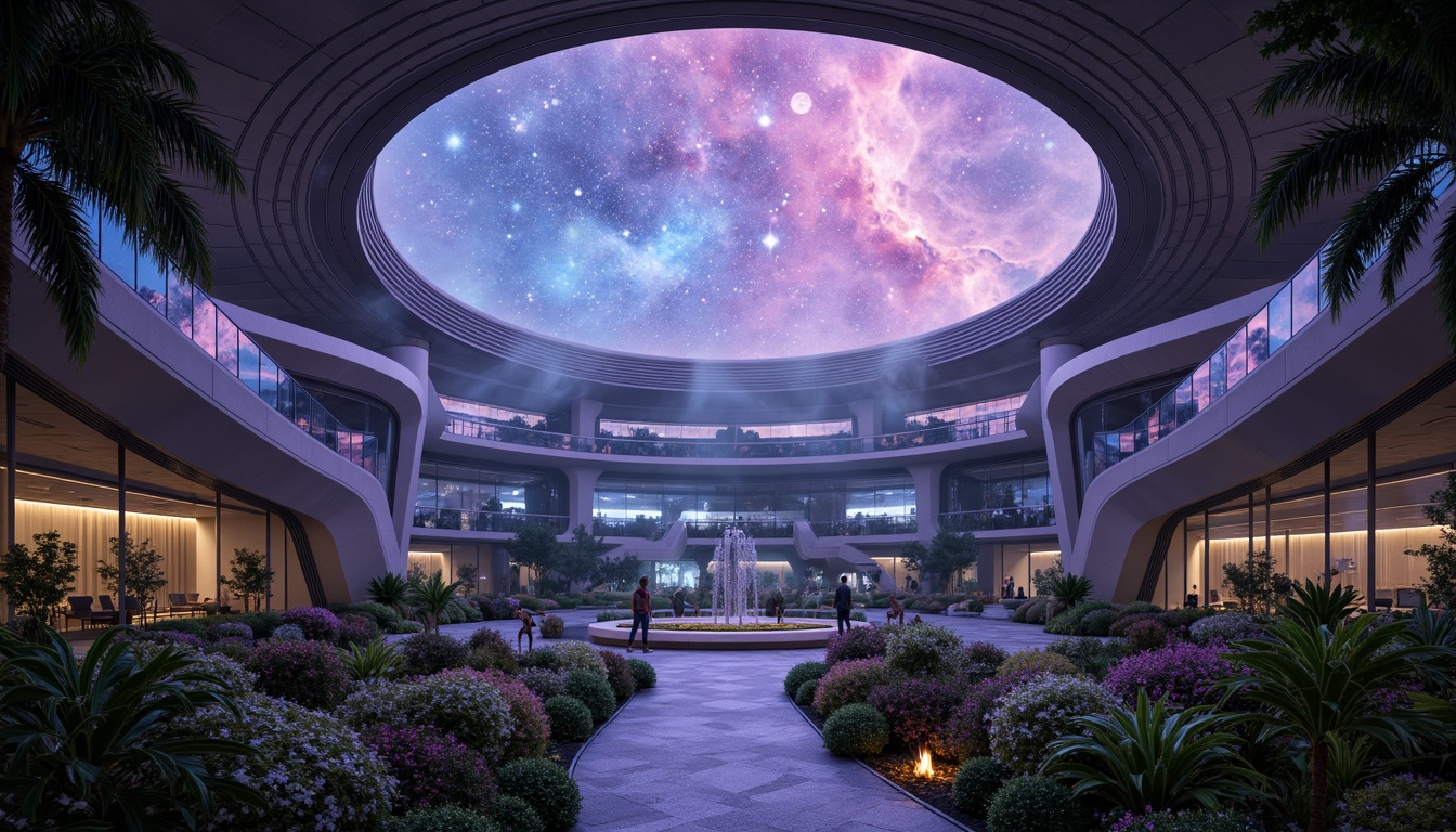 Prompt: Cosmic planetarium, nebula-inspired dome, glowing stardust, iridescent colors, futuristic architecture, curved lines, organic shapes, bioluminescent plants, self-sustaining ecosystem, atmospheric control systems, misty fog, dew-kissed vegetation, celestial body observation decks, zero-gravity environments, space-age materials, holographic projections, 360-degree panoramic views, realistic astronomical simulations, ambient soundscape, soft ethereal lighting, shallow depth of field, 1/1 composition.