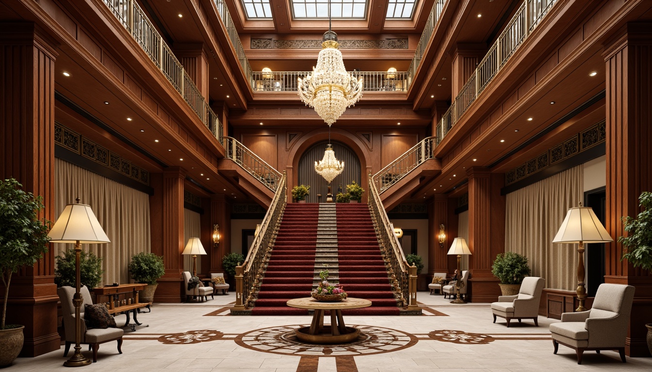 Prompt: Grand staircase, ornate metal railings, lavish chandeliers, polished marble floors, rich wood paneling, luxurious velvet drapes, geometric patterns, metallic accents, symmetrical compositions, high ceilings, ornamental moldings, intricate carvings, classic furniture silhouettes, vintage decorative fixtures, opulent textiles, sophisticated color palette, warm golden lighting, 1/1 composition, realistic materials, ambient occlusion.