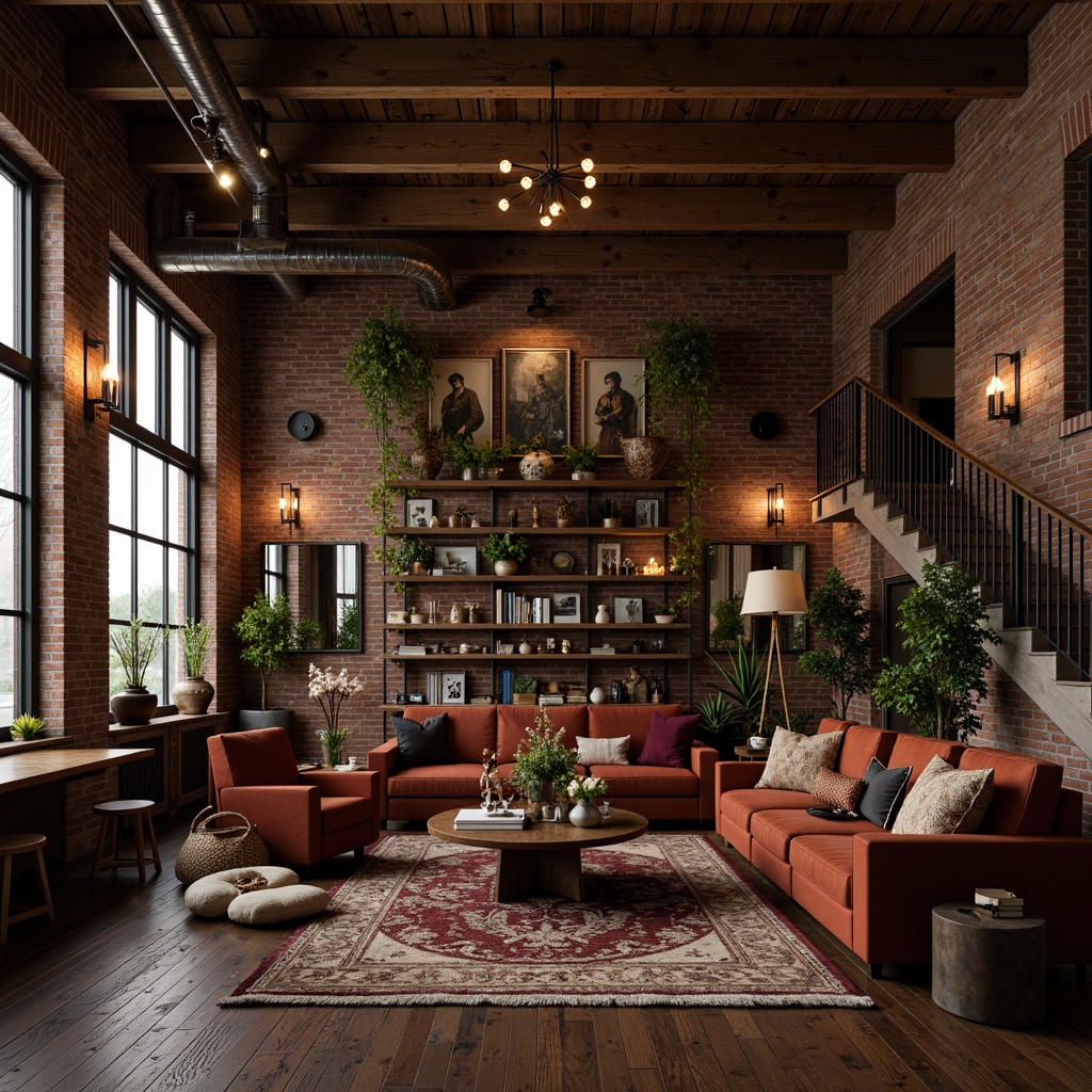 Prompt: Exposed brick walls, distressed wood beams, vintage metal fixtures, reclaimed wooden floors, ornate iron railings, plush velvet furnishings, rich jewel-toned accents, soft warm candlelight, intimate cozy atmosphere, industrial-chic decorative elements, rustic natural materials, earthy color palette, dramatic high ceilings, grand open spaces, romantic whimsical details, eclectic mix of antique and modern pieces, moody atmospheric lighting, cinematic composition, shallow depth of field.