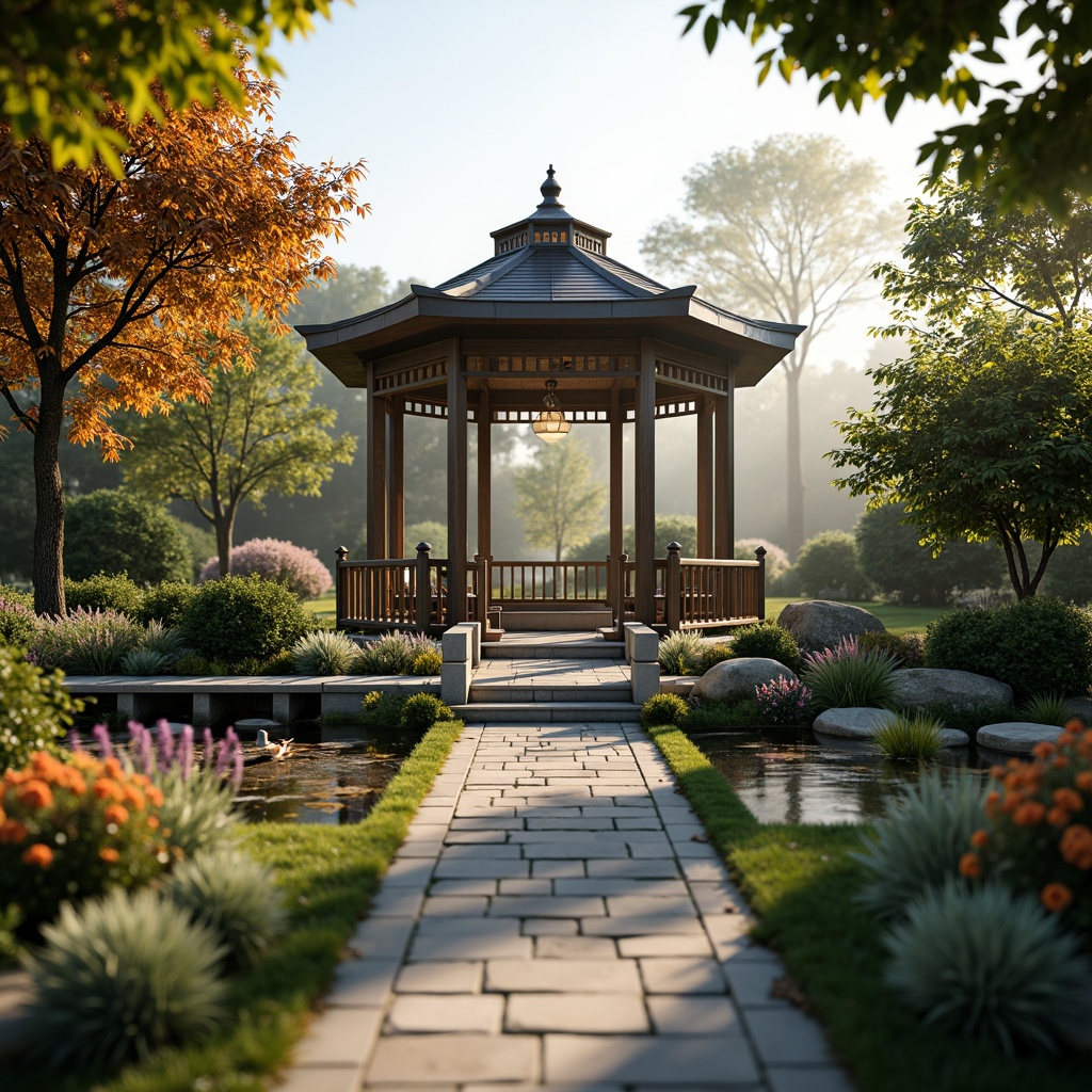 Prompt: Elegant pavilion structure, lush greenery surroundings, vibrant flowers, meandering pathways, natural stone pavers, wooden benches, ornate lanterns, soft warm lighting, shallow depth of field, 3/4 composition, panoramic view, realistic textures, ambient occlusion, serene atmosphere, tranquil water features, koi ponds, stepping stones, rustic wooden bridges, seasonal flowering plants, autumn leaves, misty morning, gentle breeze.