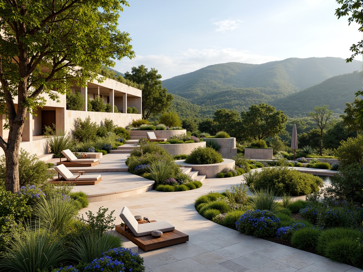 Prompt: Tiered seating, lush greenery, natural stone walls, curved architecture, harmonious color palette, vibrant flowers, gentle water features, peaceful ambiance, warm sunny day, soft diffused lighting, shallow depth of field, 3/4 composition, panoramic view, realistic textures, ambient occlusion, Mediterranean-inspired landscape, rolling hills, scenic vistas, meandering paths, rustic wooden accents, earthy tones, organic shapes, fluid lines.