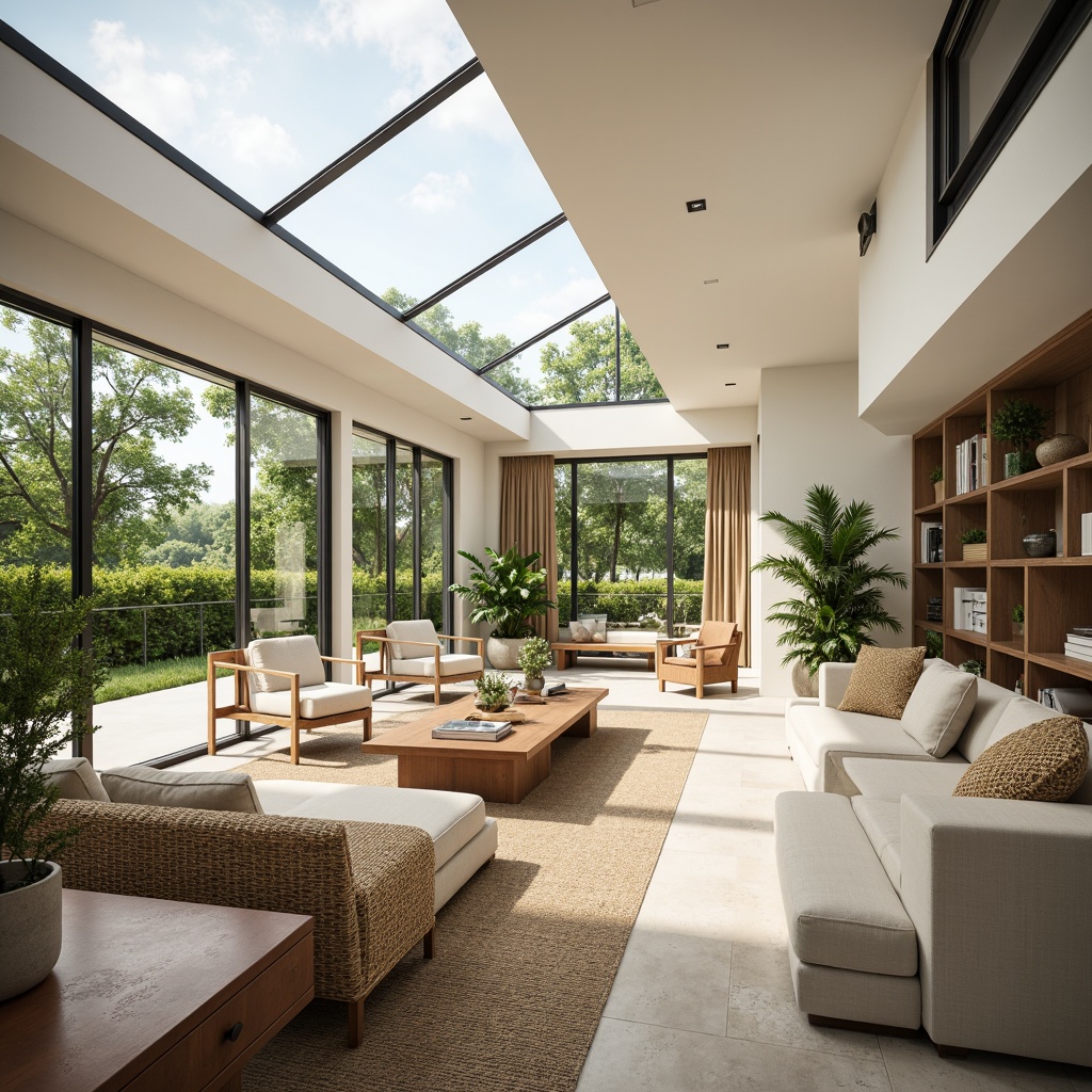 Prompt: Bright and airy living room, large windows, sliding glass doors, skylights, high ceilings, reflective surfaces, light-colored walls, minimalist decor, comfortable seating areas, lush greenery, natural textiles, woven fibers, earthy tones, organic shapes, warm wood accents, cozy reading nooks, soft diffused lighting, morning sunlight, gentle shadows, 1/1 composition, shallow depth of field, realistic textures, ambient occlusion.