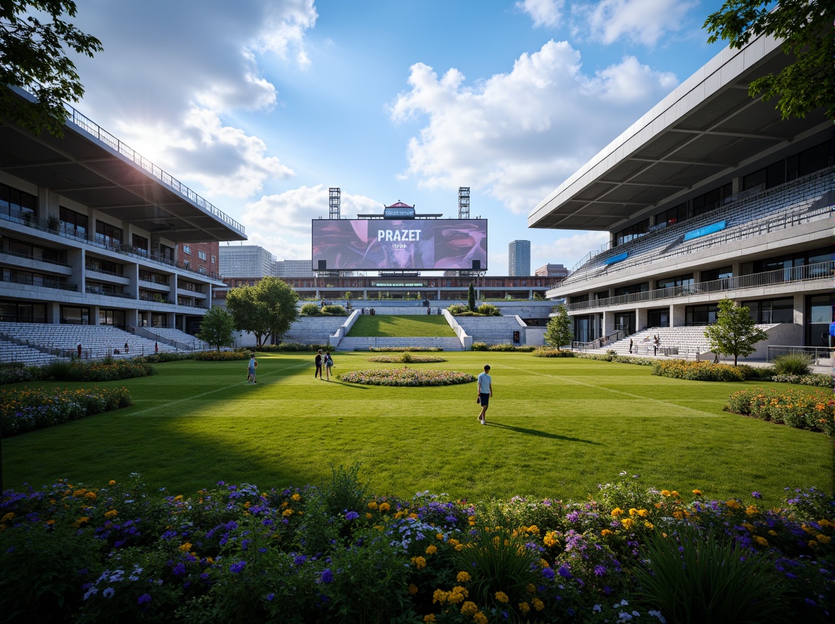 Prompt: Lush green grass, vibrant flowers, sports-themed sculptures, modern stadium architecture, tiered seating areas, floodlights, giant video screens, scoreboards, athletic tracks, goalposts, sports equipment storage, concrete walkways, steel beams, open-air concourses, natural stone fa\u00e7ades, urban cityscape backdrop, dramatic evening lighting, shallow depth of field, 1/2 composition, panoramic view, realistic textures, ambient occlusion.