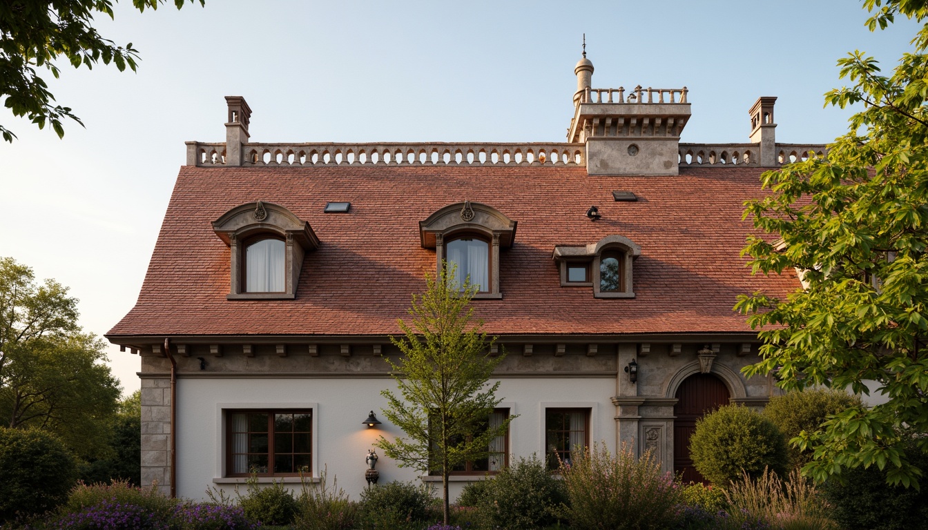 Prompt: Ornate Renaissance-style rooftop, terracotta tiles, ornamental chimneys, grandiose skylights, curved dormer windows, intricate stonework, weathered copper gutters, decorative finials, majestic statues, lush greenery, blooming flowers, sunny day, soft warm lighting, shallow depth of field, 3/4 composition, panoramic view, realistic textures, ambient occlusion.