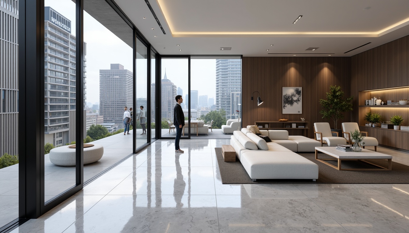 Prompt: Minimalist interior, open-plan living space, sleek lines, monochromatic color scheme, polished marble floors, floor-to-ceiling windows, sliding glass doors, modular furniture, built-in shelving units, hidden lighting systems, indirect ambient illumination, geometric shapes, functional simplicity, international style decor, urban cityscape views, modern skyscrapers, bustling streets, 1/1 composition, low-angle shot, realistic reflections, atmospheric perspective.