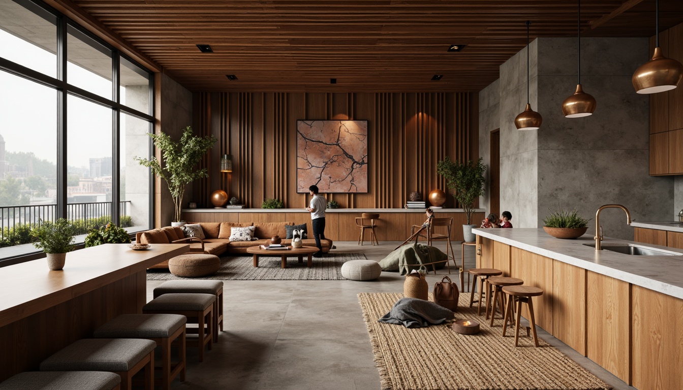 Prompt: Luxurious interior space, rich wood textures, polished marble countertops, matte metal accents, soft velvet upholstery, woven wool rugs, industrial concrete floors, reclaimed wood walls, minimalist decor, modern Scandinavian aesthetic, warm atmospheric lighting, shallow depth of field, 1/1 composition, realistic material renderings, ambient occlusion.