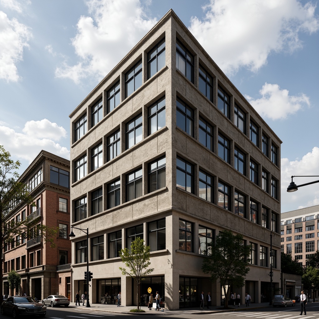 Prompt: Industrial factory building, exposed steel beams, large metal windows, repetitive fenestration patterns, minimal ornamentation, functional design, brutalist architecture, raw concrete walls, industrial materials, urban landscape, busy streets, modern cityscape, cloudy skies, dramatic backlighting, high-contrast shadows, 1/2 composition, symmetrical framing, realistic reflections, detailed metallic textures.