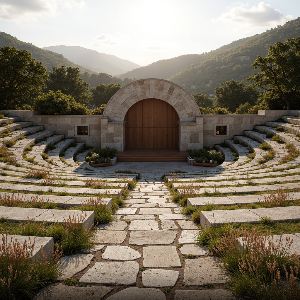 Prompt: Natural stone amphitheater, curved seating, wooden stage, soundproofing materials, acoustic panels, tiered rows, grassy slopes, surrounding hills, serene atmosphere, warm sunny day, soft natural lighting, shallow depth of field, 3/4 composition, panoramic view, realistic textures, ambient occlusion, precise sound reflection, optimal reverberation time, clear audio clarity, comfortable audience seating, state-of-the-art audio equipment.