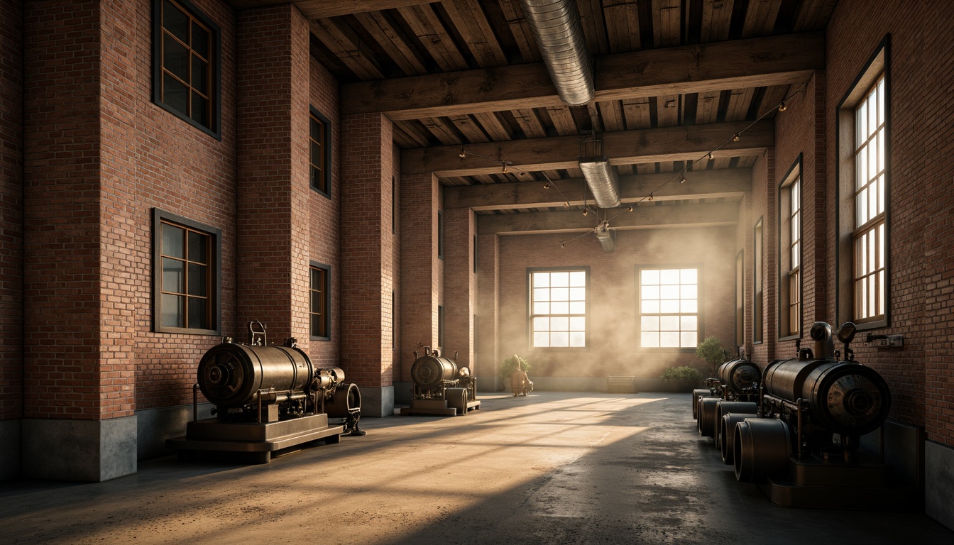 Prompt: Industrial factory setting, neoclassical architecture, worn brick walls, metallic accents, distressed wooden beams, vintage machinery, exposed ductwork, concrete floors, industrial lighting, warm golden hour, soft misty atmosphere, cinematic composition, 1/1 ratio, shallow depth of field, realistic textures, ambient occlusion.