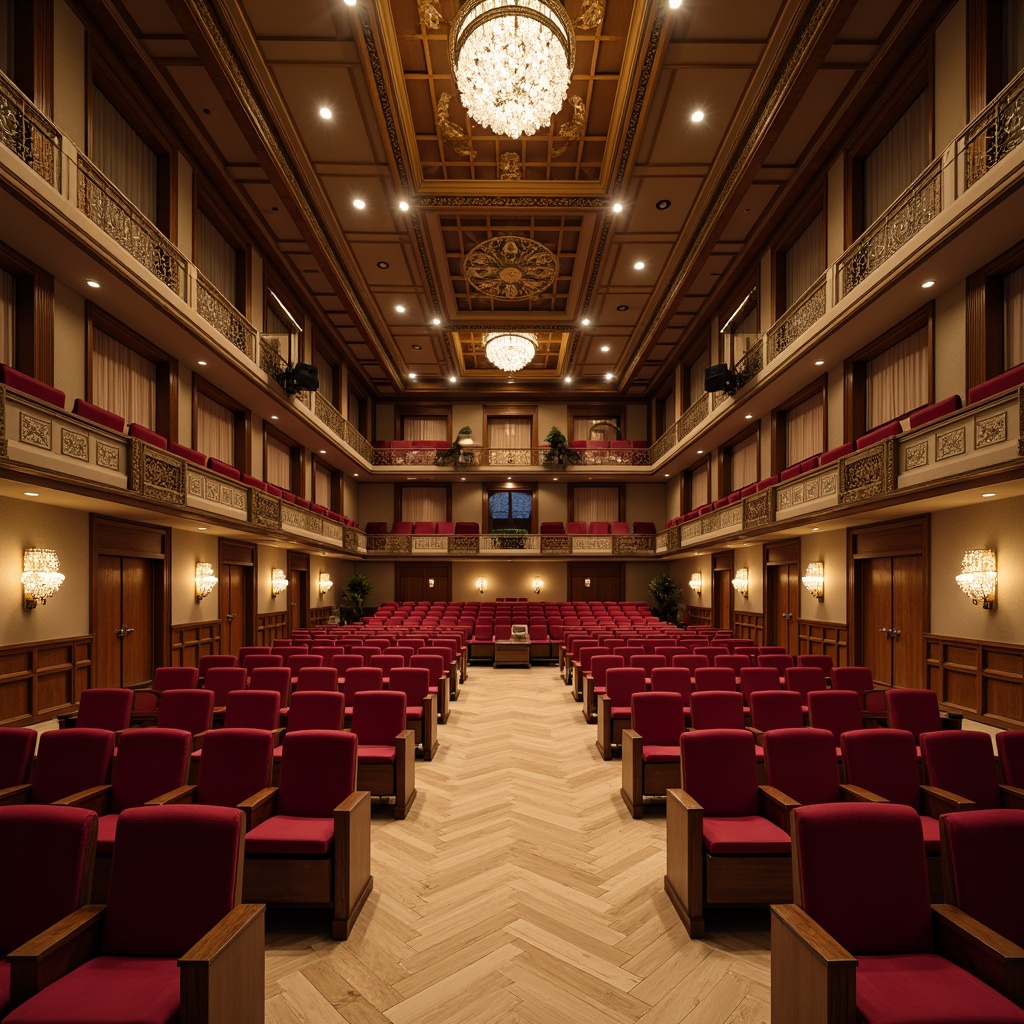 Prompt: Elegant auditorium interior, ornate structural columns, intricate ceiling patterns, premium wooden flooring, plush crimson seating, grandiose chandeliers, acoustic paneling, sound-absorbing materials, diffused lighting, subtle shading, symmetrical composition, 1/2 perspective, realistic textures, ambient occlusion, warm color palette, luxurious atmosphere, refined architectural details.