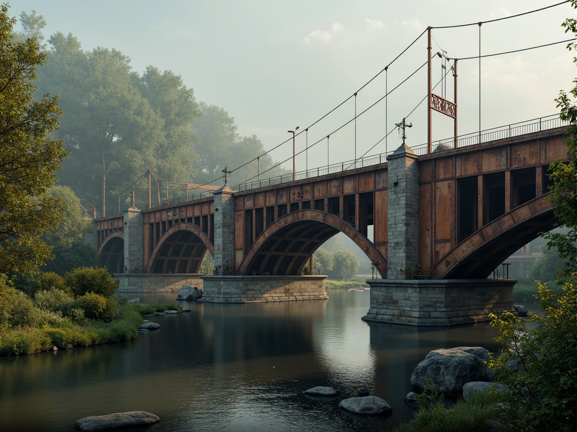 Prompt: Rustic steel bridges, weathered metal textures, warm earthy tones, rich brown hues, muted industrial colors, misty river surroundings, lush greenery, natural stone foundations, sturdy pillars, suspension cables, subtle gradient lighting, atmospheric fog, cinematic composition, realistic reflections, ambient occlusion.