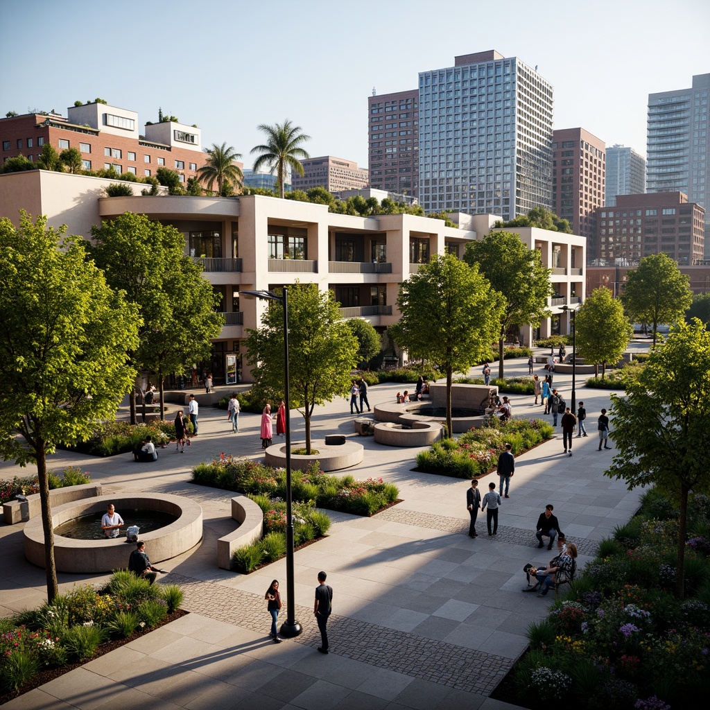 Prompt: Vibrant shopping center courtyard, lush greenery, flowering trees, ornamental fountains, walking paths, benches, modern streetlights, urban architecture, mixed-material facades, large windows, glass roofs, natural stone pavement, outdoor escalators, staircase connections, rooftop gardens, panoramic city views, warm soft lighting, shallow depth of field, 3/4 composition, realistic textures, ambient occlusion.