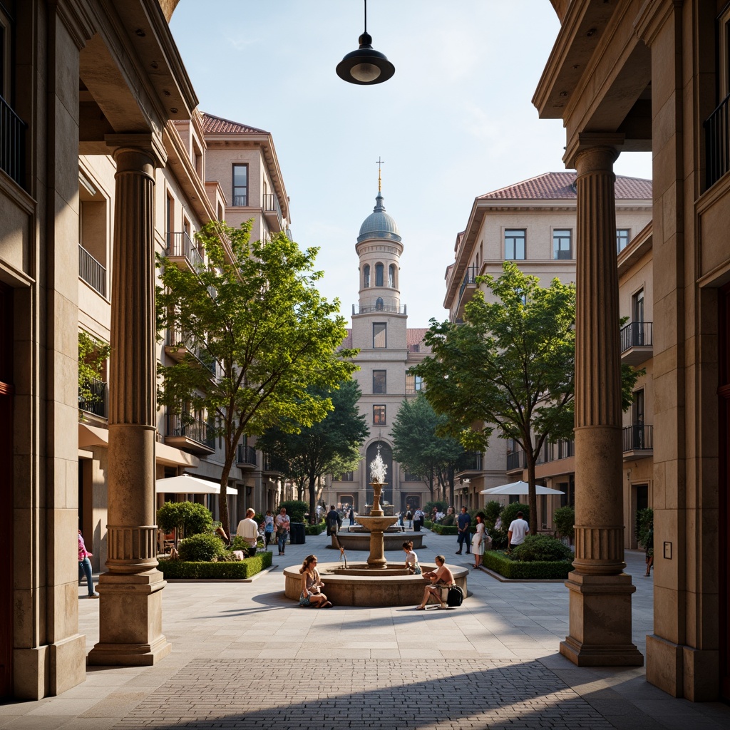 Prompt: Historic city center, Renaissance-style row houses, ornate facades, balconies with iron railings, red-tiled roofs, cobblestone streets, vintage street lamps, mature trees, lush greenery, urban parkettes, tranquil water features, classic fountains, warm afternoon lighting, soft shadows, shallow depth of field, 2/3 composition, symmetrical architecture, ornate doorways, grand entrance halls, marble flooring, intricate moldings, luxurious chandeliers.