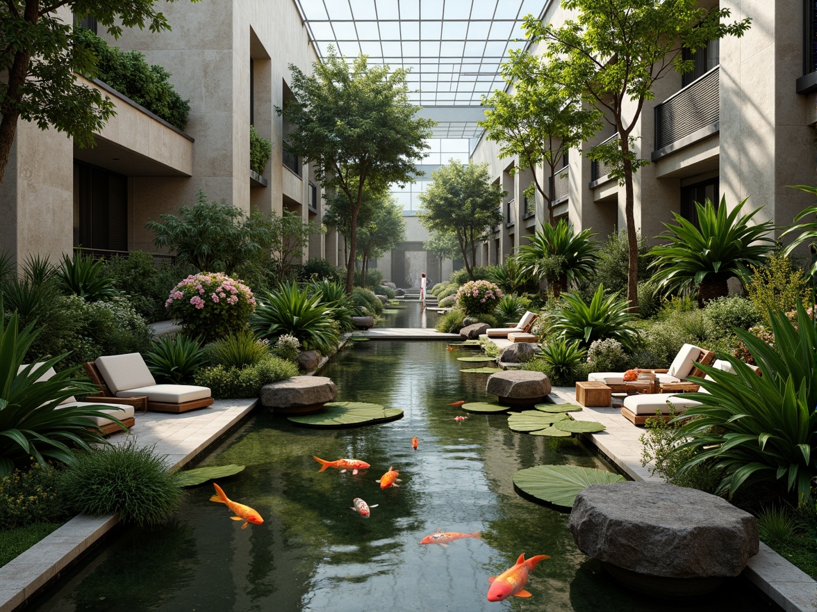 Prompt: Lush tropical plants, serene water features, natural stone walls, glass roofs, modern minimalist architecture, indoor ponds, tranquil koi fish, gentle waterfalls, misting systems, humid climate control, exotic flower arrangements, wooden benches, natural fiber textiles, earthy color palette, warm soft lighting, shallow depth of field, 3/4 composition, realistic textures, ambient occlusion.