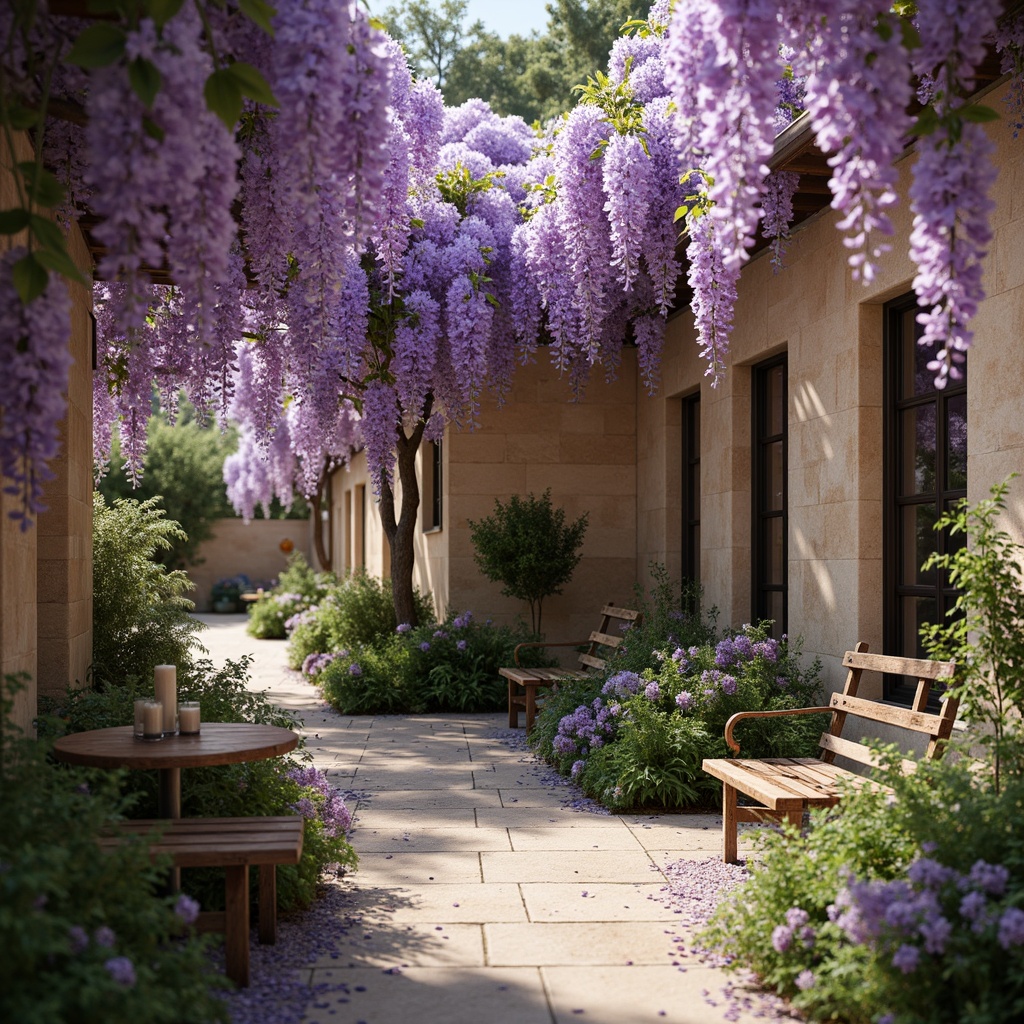 Prompt: Soft purple wisteria flowers, delicate tendrils, pastel lavender hues, warm beige stone walls, lush green foliage, whimsical garden benches, ornate metal trellises, vintage distressed wood, romantic candlelight, dreamy soft focus, shallow depth of field, 1/1 composition, intimate atmosphere, realistic textures, subtle ambient occlusion.