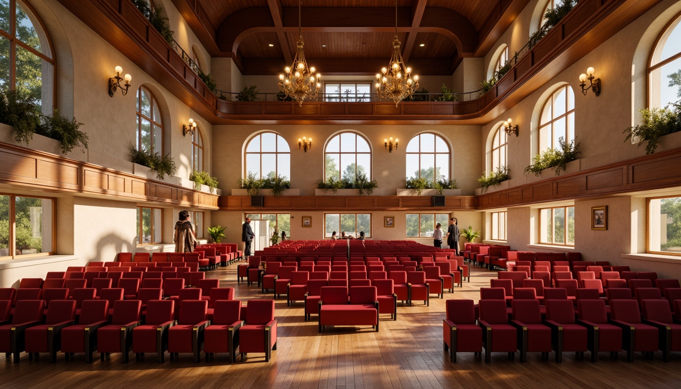 Prompt: Grand auditorium, high ceiling, sweeping curves, elegant chandeliers, plush red seats, wooden flooring, acoustic panels, natural stone walls, floor-to-ceiling windows, abundance of daylight, soft warm lighting, gentle shadows, subtle color palette, minimalist decor, sophisticated ambiance, panoramic view, shallow depth of field, 3/4 composition, realistic textures, ambient occlusion.