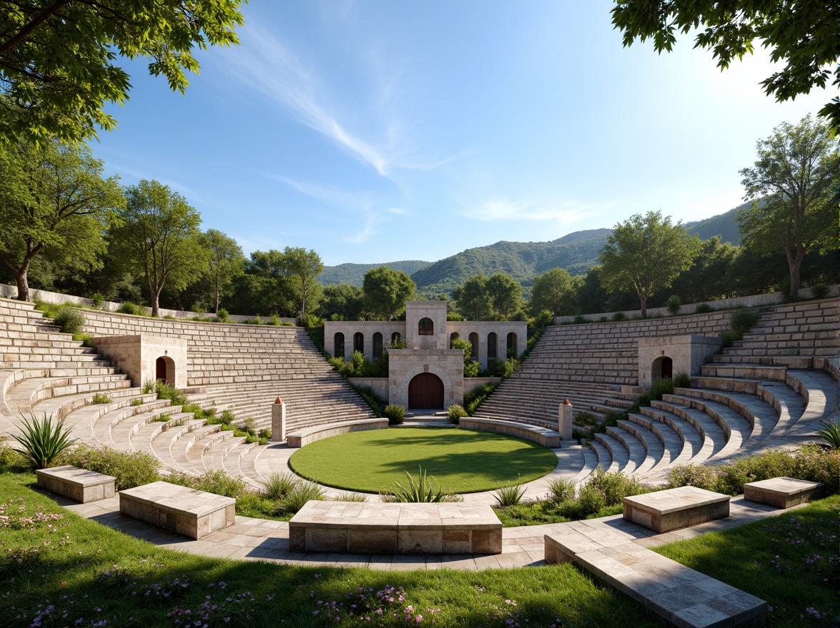 Prompt: Ancient Greek amphitheater, tiered seating, natural stone walls, open-air design, circular shape, grassy surroundings, sunny day, clear blue sky, gentle breeze, natural ventilation, rustic wooden benches, ornate marble columns, curved staircases, lush greenery, blooming flowers, soft warm lighting, shallow depth of field, 3/4 composition, panoramic view, realistic textures, ambient occlusion.