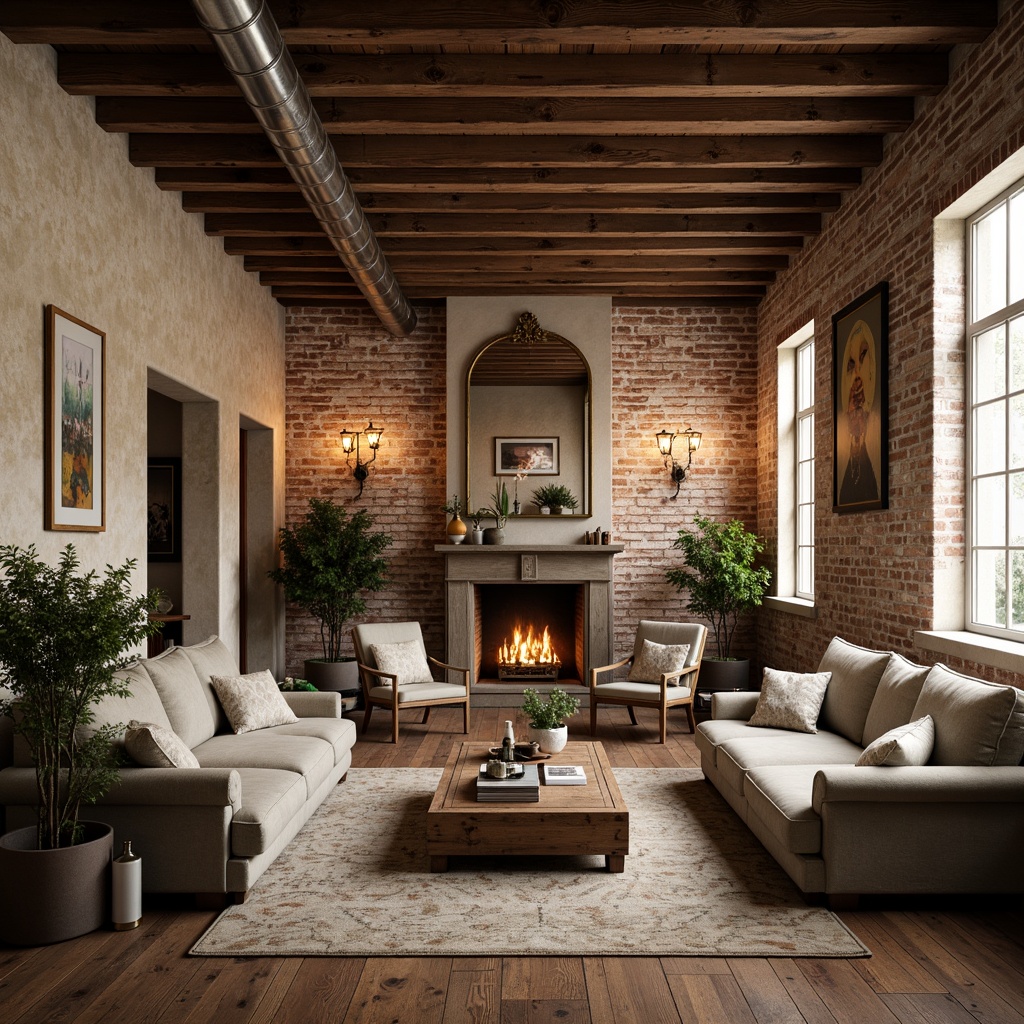 Prompt: Exposed brick walls, wooden beam ceilings, industrial metal pipes, distressed wood floors, vintage decorative lights, cozy reading nooks, plush velvet sofas, rustic wooden coffee tables, soft warm lighting, shallow depth of field, 3/4 composition, panoramic view, realistic textures, ambient occlusion, romantic atmosphere, intimate settings, soft pastel colors, eclectic artwork, antique furniture pieces, lush greenery, potted plants, natural textiles, earthy tones, warm beige walls, creamy white accents.