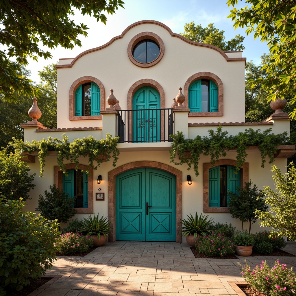 Prompt: Whimsical villa facade, eclectic architectural style, vibrant turquoise accents, ornate wooden carvings, grandiose entrance gates, lush greenery, flowering vines, intricate stone mosaics, asymmetrical window arrangements, curved lines, playful shutters, Mediterranean-inspired tiles, warm golden lighting, soft focus blur, shallow depth of field, 2/3 composition, dramatic shadows, rustic textures, ambient occlusion.