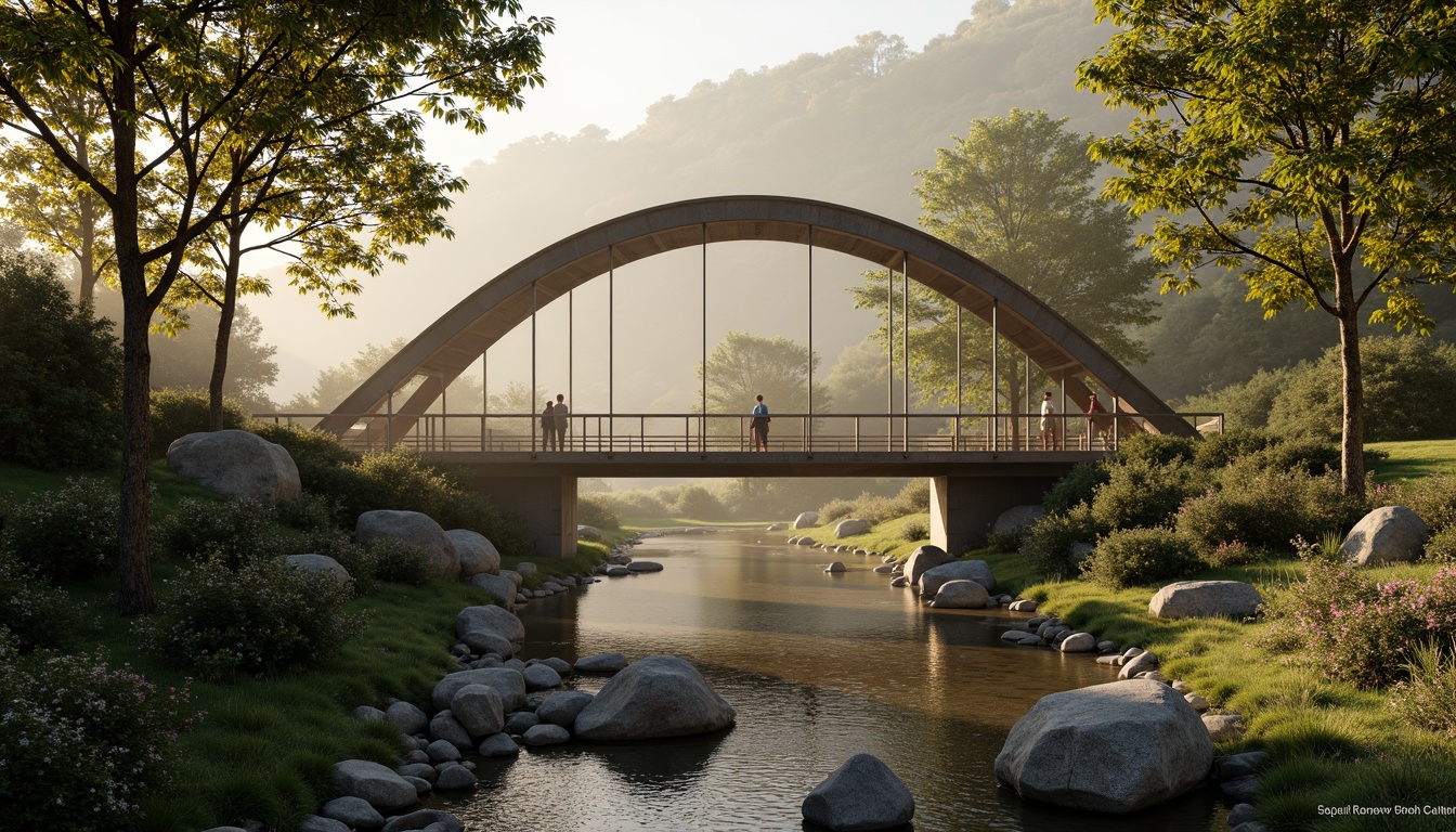 Prompt: Curved bridge structure, gentle river flow, lush greenery, natural stone foundations, wooden railings, steel cables, suspension design, serene water reflections, misty morning atmosphere, warm golden lighting, shallow depth of field, 1/2 composition, cinematic view, realistic textures, ambient occlusion, integration with surrounding landscape, harmonious coexistence with nature.