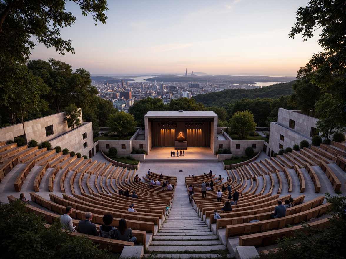 Prompt: Grand amphitheater, tiered seating, natural stone walls, wooden benches, elevated stages, suspended acoustic panels, curved sound diffusers, state-of-the-art audio equipment, warm ambient lighting, soft evening atmosphere, lush greenery surroundings, distant cityscape views, 3/4 composition, shallow depth of field, realistic textures, ambient occlusion.