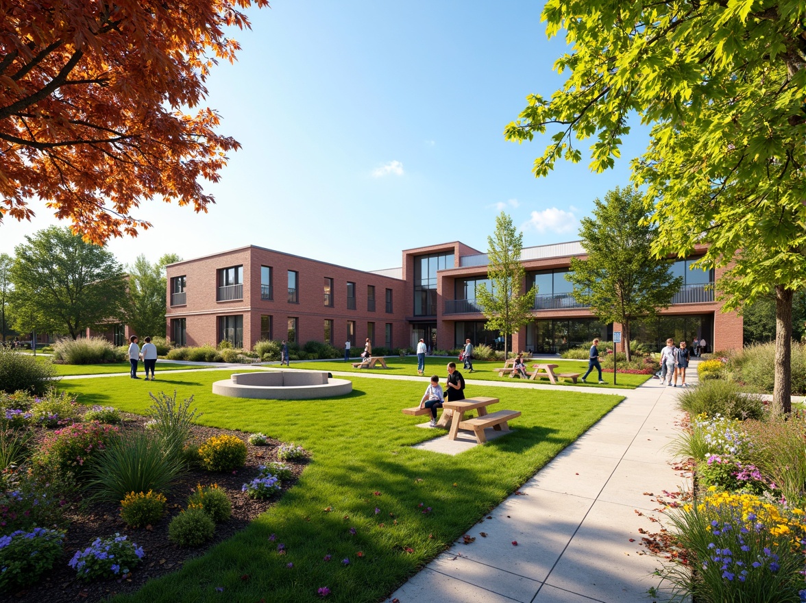 Prompt: Vibrant elementary school playground, lush green grass, colorful flowers, wooden benches, educational signage, natural stone walkways, modern architecture, large windows, glass doors, blooming trees, sunny day, soft warm lighting, shallow depth of field, 3/4 composition, panoramic view, realistic textures, ambient occlusion, outdoor classrooms, interactive learning spaces, nature-based play areas, rain gardens, butterfly habitats, birdhouses, fruit tree orchards, composting systems, recycling centers, eco-friendly materials, sustainable design elements.