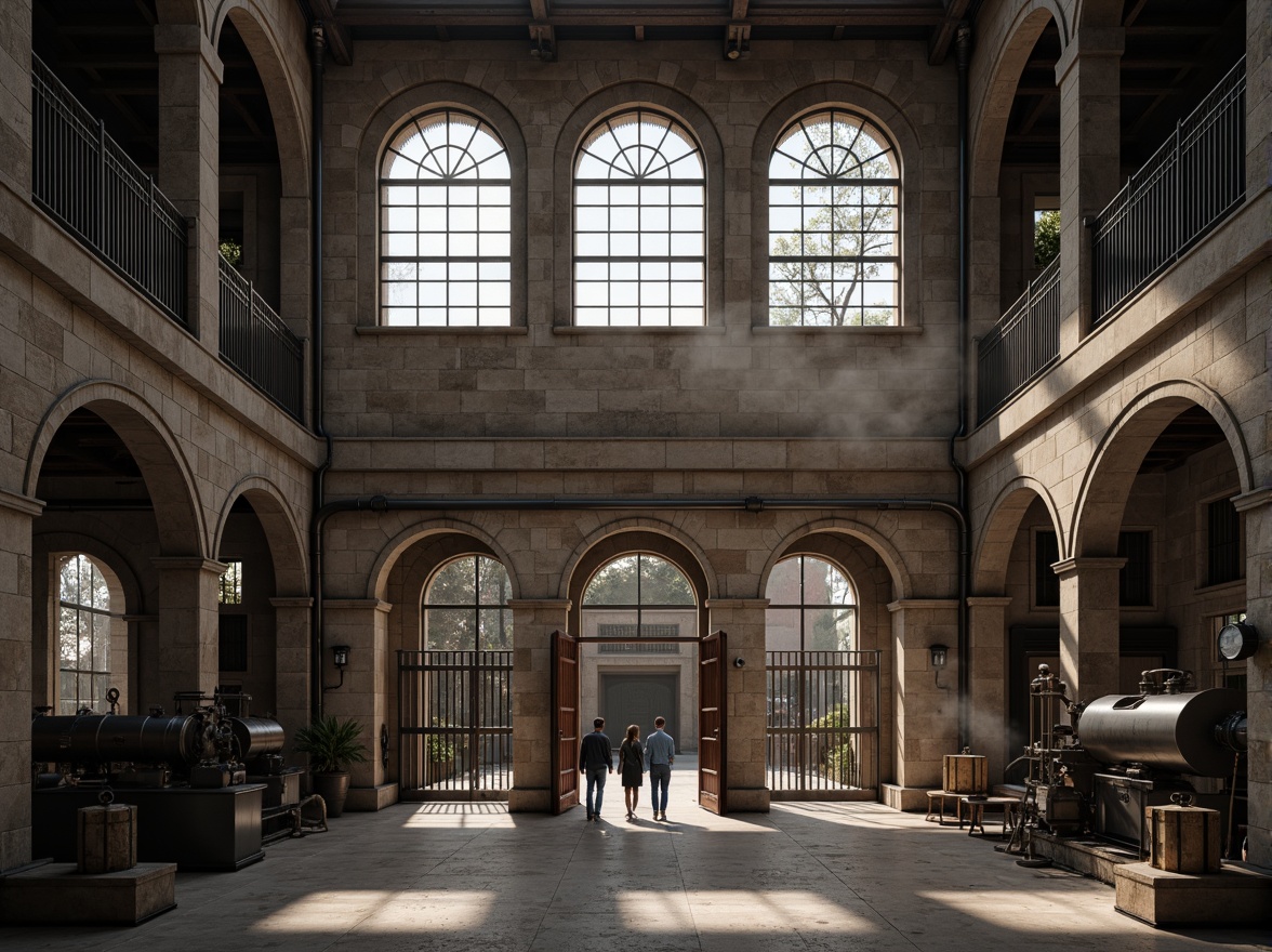 Prompt: Rustic industrial facade, neoclassical arches, ornate columns, distressed brick walls, metal frame windows, symmetric composition, grand entrance gates, vintage factory machinery, worn concrete floors, exposed ductwork, soft natural lighting, subtle color palette, cinematic camera angle, atmospheric mist effect, 2.35