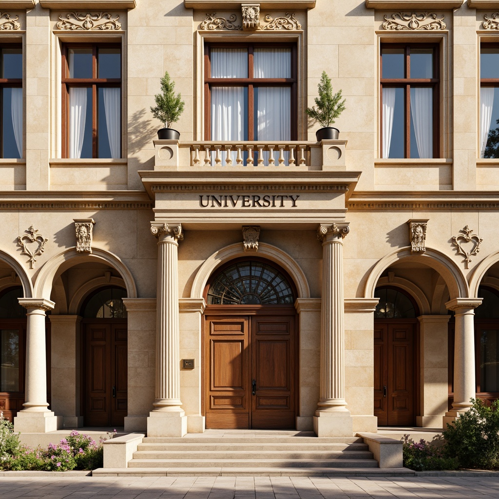 Prompt: Grand university building, Renaissance-style facade, ornate stone carvings, classical arches, Corinthian columns, decorative pilasters, symmetrical composition, warm beige stone walls, rusticated quoins, intricately designed wooden doors, stained glass windows, subtle weathered details, soft afternoon sunlight, shallow depth of field, 1/2 composition, realistic textures, ambient occlusion.