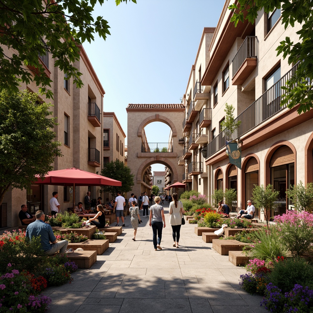 Prompt: Vibrant marketplace, ornate Romanesque buildings, rustic stone walls, arched windows, grand entrance gates, colorful vendor stalls, lively street performers, lush greenery, blooming flowers, natural water features, wooden benches, warm sunlight, soft ambient lighting, shallow depth of field, 3/4 composition, panoramic view, realistic textures, ambient occlusion.