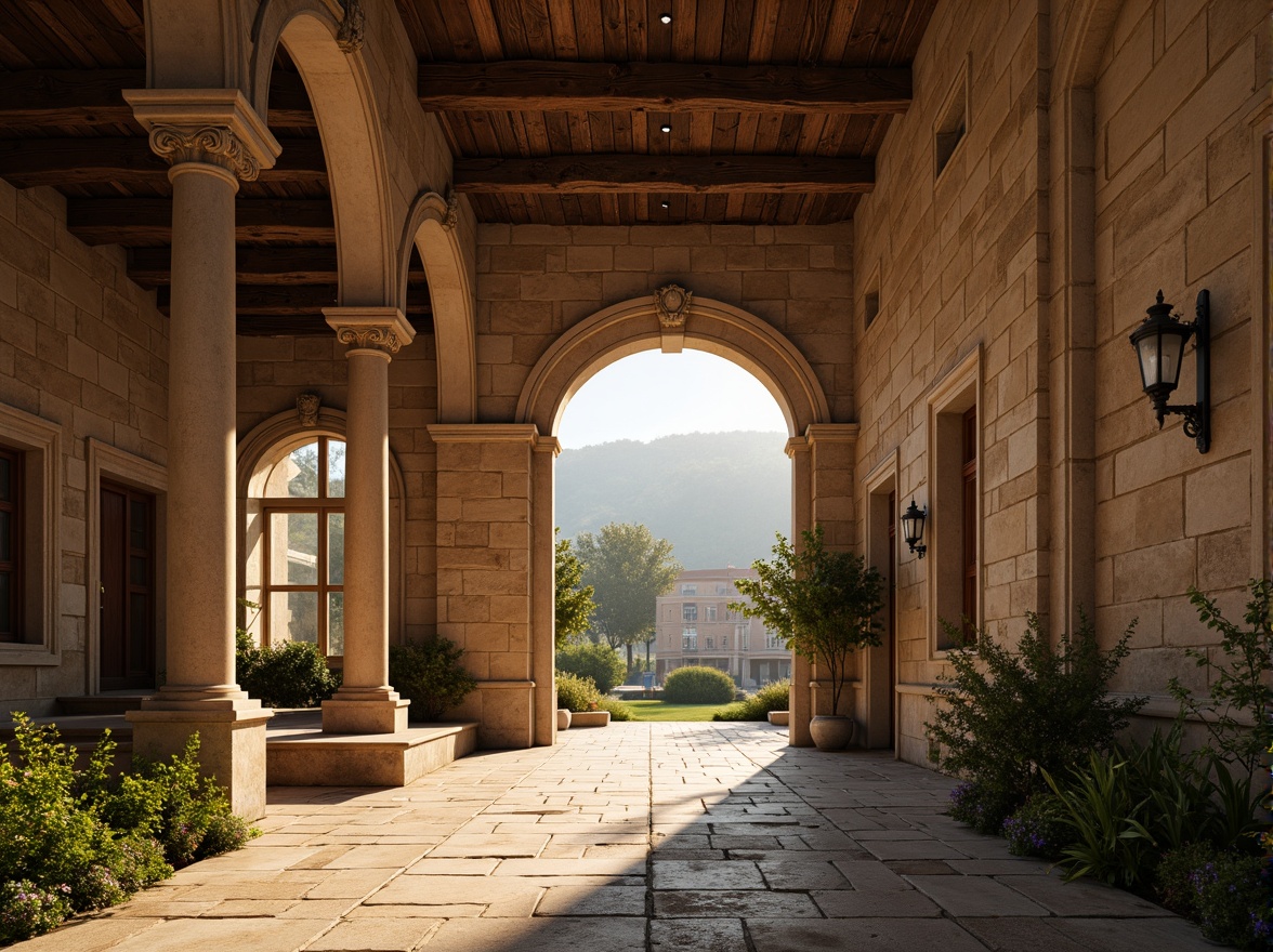 Prompt: Grand archway entrance, rustic stone walls, ornate carvings, vaulted ceilings, symmetrical facade, imposing pillars, rounded arcades, intricate capitals, weathered stone textures, warm golden lighting, soft shadows, dramatic depth of field, 1/2 composition, narrow aperture, historic atmosphere, European landscape, lush greenery, sunny afternoon, ambient occlusion.