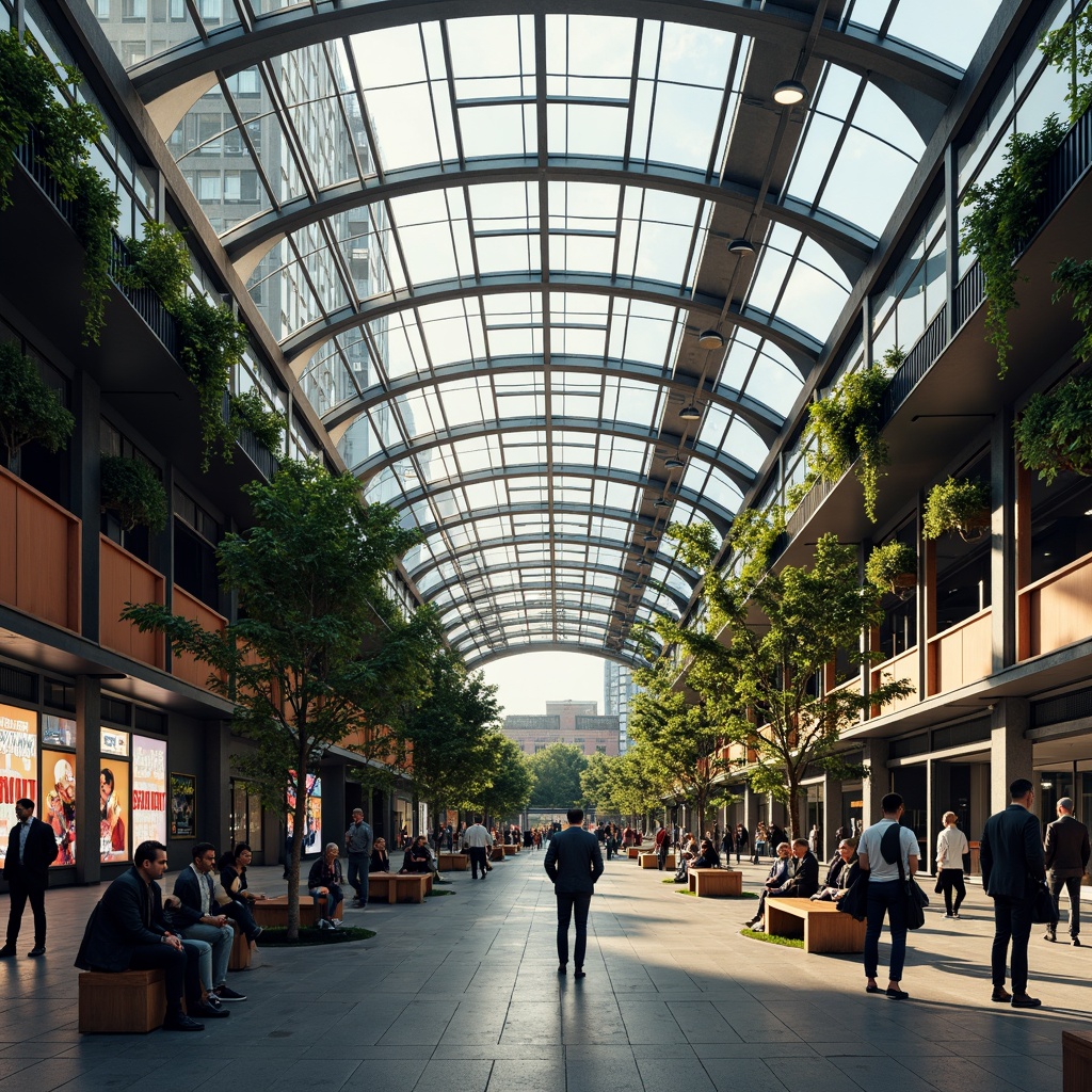 Prompt: Vibrant tram station, high ceilings, large skylights, natural lighting, urban atmosphere, busy commuters, modern architecture, sleek metal beams, glass roofs, polished concrete floors, greenery walls, lush plants, wooden benches, futuristic advertisements, dynamic LED displays, shallow depth of field, 1/1 composition, warm color palette, soft shadows, ambient occlusion.