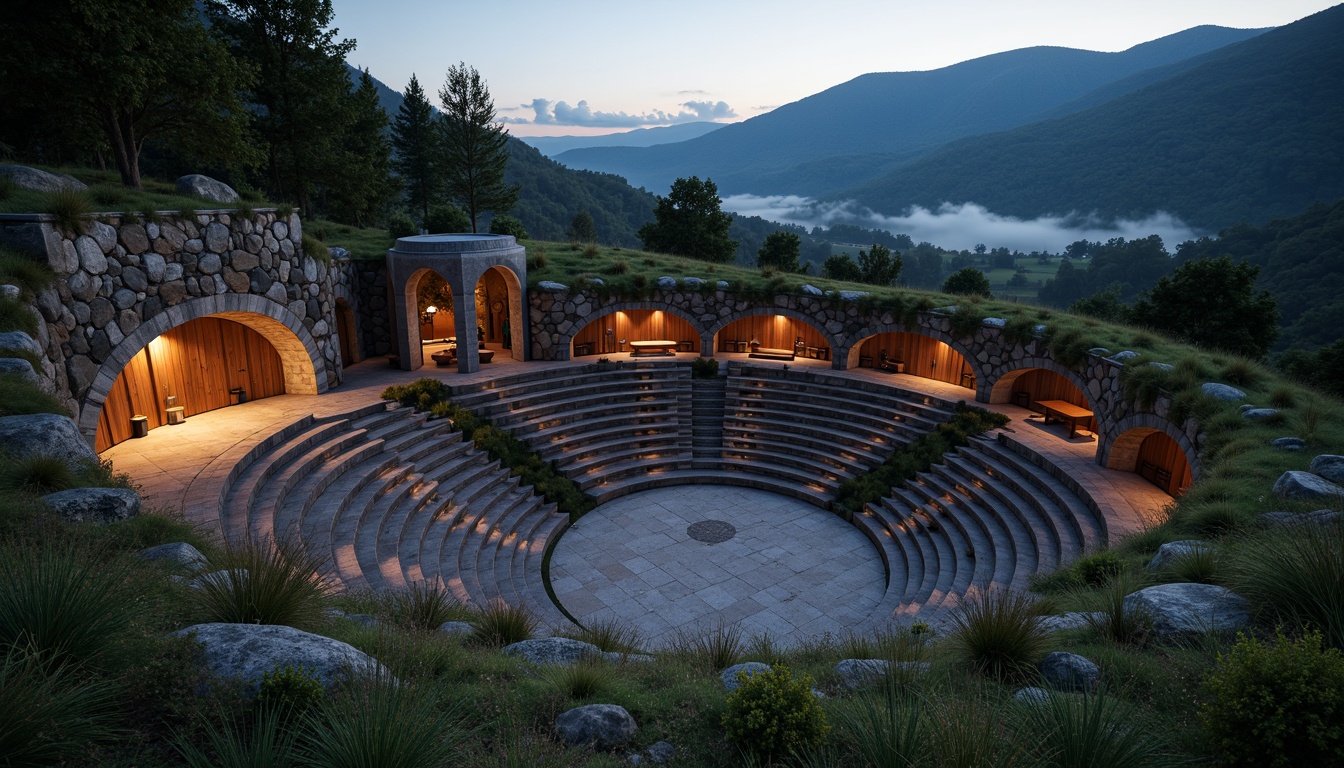 Prompt: Natural stone amphitheater, tiered seating, grassy slopes, acoustic sound shells, wooden stage floors, curved architectural lines, dramatic nighttime lighting, soft warm glow, atmospheric mist, surrounding landscape views, rolling hills, distant mountains, serene ambiance, 3/4 composition, panoramic view, realistic textures, ambient occlusion.