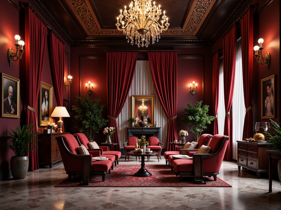 Prompt: Rich burgundy walls, luxurious velvet fabrics, ornate gold accents, lavish crystal chandeliers, sophisticated dark wood furniture, elegant high ceilings, dramatic floor-to-ceiling drapes, sumptuous leather armchairs, refined marble floors, opulent jewel-toned accessories, warm atmospheric lighting, shallow depth of field, 1/1 composition, realistic textures, ambient occlusion.