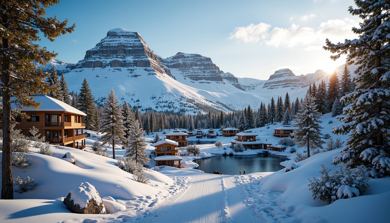 Prompt: Vibrant ski resort, snow-capped mountains, frosty pine trees, icy lakes, adrenaline-pumping slopes, rustic wooden cabins, modern ski lifts, bold color scheme, icy blues, snowy whites, fiery oranges, earthy browns, metallic silvers, neon greens, warm golden lighting, shallow depth of field, 1/1 composition, dramatic shadows, realistic textures, ambient occlusion.