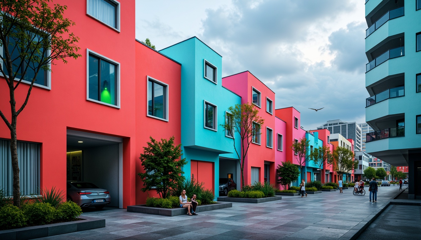 Prompt: Vibrant modern buildings, bold geometric shapes, bright coral walls, electric blue accents, neon green highlights, sleek metal frames, large glass windows, minimalist interiors, polished concrete floors, industrial chic decor, urban cityscape, cloudy sky, dramatic lighting, high contrast ratio, 1/1 composition, wide-angle lens, realistic reflections, ambient occlusion.