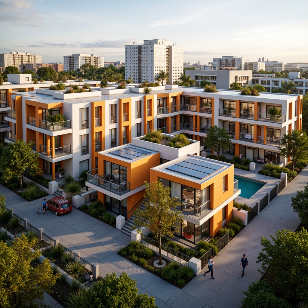 Prompt: Vibrant social housing community, modern facade design, bold color schemes, geometric patterns, metallic accents, solar panels, green roofs, eco-friendly materials, large windows, sliding glass doors, spacious balconies, urban cityscape, morning sunlight, soft warm lighting, shallow depth of field, 1/1 composition, realistic textures, ambient occlusion.