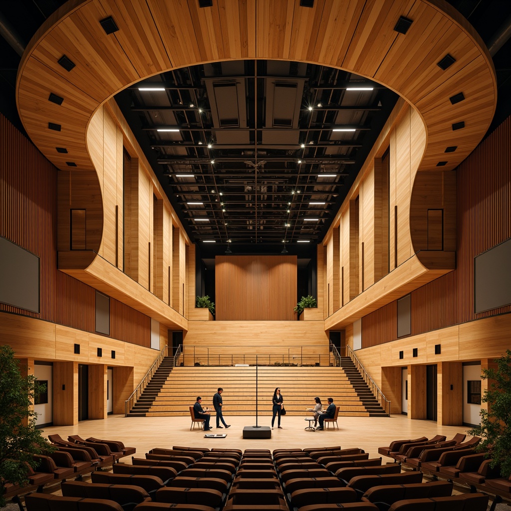 Prompt: Eco-friendly concert hall, natural wood tones, reclaimed wood accents, energy-efficient LED lighting, solar panels, green roofs, rainwater harvesting systems, acoustic panels, soundproofing materials, curved lines, modern minimalist design, open floor plans, flexible seating arrangements, state-of-the-art audio equipment, warm cozy ambiance, soft diffused lighting, shallow depth of field, 1/2 composition, realistic textures, ambient occlusion.