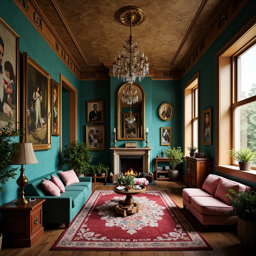 Prompt: Richly ornate Victorian mansion, eclectic mix of antique and modern elements, bold and bright color scheme, vibrant turquoise walls, warm golden accents, deep crimson reds, luxurious emerald greens, soft blush pinks, distressed wood textures, intricate patterned rugs, ornate metal fixtures, grand crystal chandeliers, lavish velvet fabrics, eclectic artwork, mix of vintage and contemporary furniture, busy yet cohesive atmosphere, dramatic lighting, high contrast ratios, 1/2 composition, moody warm tones, cinematic color grading.