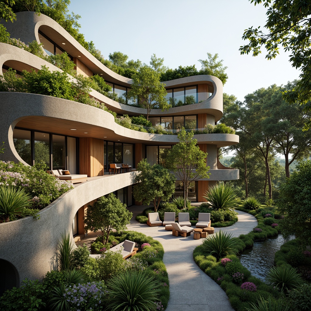 Prompt: Harmonious landscape integration, lush green roofs, living walls, natural stone fa\u00e7ades, curved lines, organic architecture, seamless indoor-outdoor transitions, floor-to-ceiling windows, sliding glass doors, abundant natural light, warm earthy tones, sustainable building materials, eco-friendly design, rooftop gardens, verdant courtyards, meandering walkways, serene water features, vibrant flowering plants, subtle texture variations, soft diffused lighting, 1/1 composition, atmospheric perspective, realistic foliage rendering.