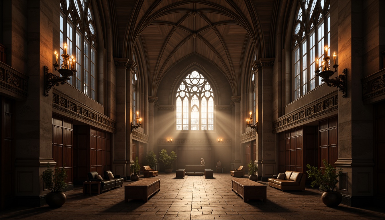 Prompt: Grandiose archways, ribbed vaults, pointed spires, ornate stone carvings, stained glass windows, intricate tracery, majestic hallways, high ceilings, dark wood paneling, mysterious ambiance, flickering torches, dramatic shadows, warm golden lighting, misty atmosphere, cinematic composition, symmetrical framing, rich textures, atmospheric rendering.