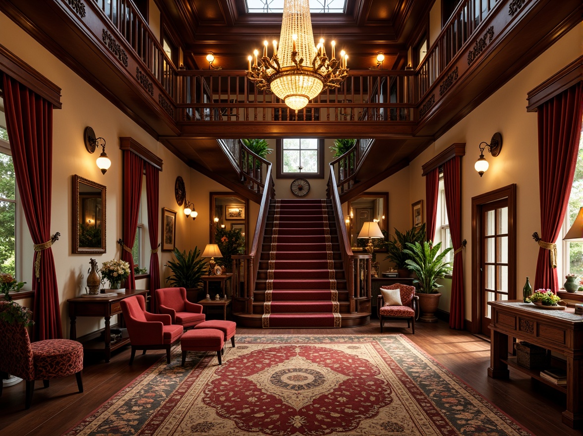 Prompt: Elegant Victorian-style mansion, opulent chandelier, grand staircase, rich velvet drapes, warm golden lighting, ornate mirrors, plush area rugs, soft romantic music, fragrant candles, delicate flower arrangements, luxurious silk fabrics, antique furniture pieces, intricate carved wood details, majestic high ceilings, dramatic floor-to-ceiling windows, cozy reading nooks, intimate fireplaces, soft focus blur, shallow depth of field, 1/2 composition, warm color palette.