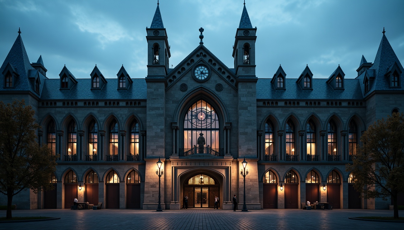 Prompt: Dark medieval-inspired soccer stadium facade, ornate stone carvings, pointed arches, ribbed vaults, flying buttresses, grandiose entrance gates, intricate gargoyles, stained glass windows, majestic clock towers, dramatic spotlights, eerie fog effects, misty atmosphere, dark blue evening sky, cinematic composition, low-angle shot, symmetrical architecture, rich textures, ambient occlusion.