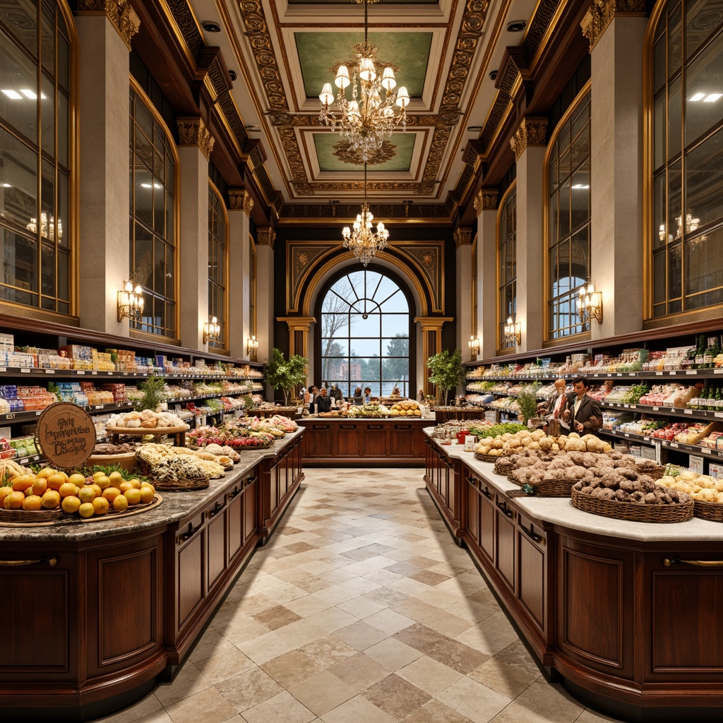 Prompt: Elegant grocery store interior, marble countertops, ornate gold accents, crystal chandeliers, frescoed ceilings, tall columns, decorative archways, lavish wooden shelves, polished bronze fixtures, intricately patterned tile floors, soft warm lighting, shallow depth of field, 1/1 composition, realistic textures, ambient occlusion.