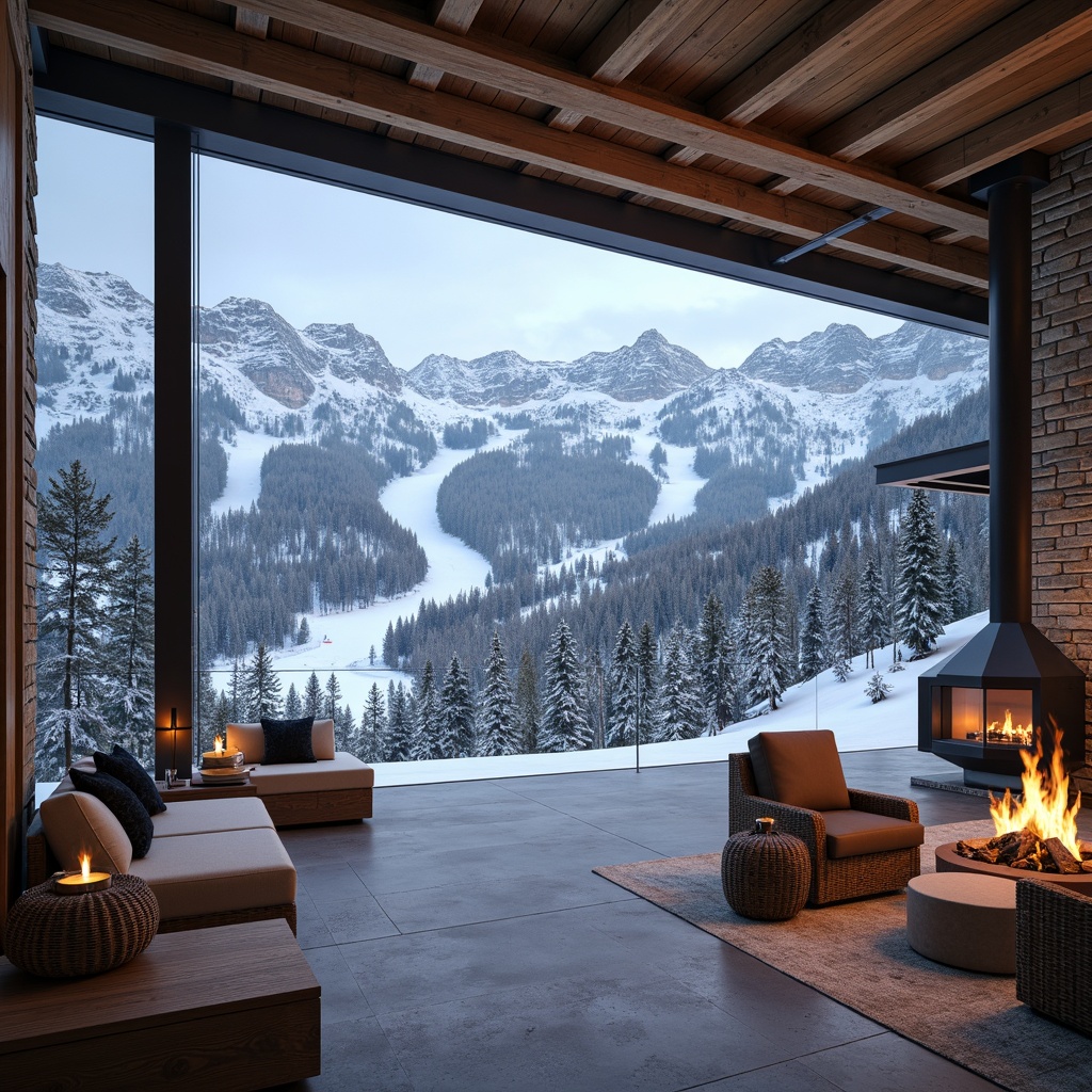 Prompt: Snow-capped mountains, frosty air, rustic wooden beams, stone walls, modern ski lifts, winding trails, snowy slopes, warm lighting, cozy fireplaces, comfortable seating areas, large windows, panoramic views, minimalist decor, functional architecture, exposed ductwork, industrial-style lighting, metal accents, reclaimed wood, earthy tones, dramatic ceiling heights, open floor plans, flowing curves, dynamic lines, vibrant color schemes, action-packed scenes, fast-paced photography, shallow depth of field, 2/3 composition.