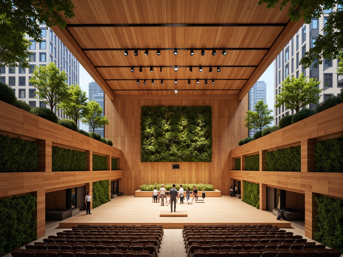 Prompt: Eco-friendly concert hall, natural materials, reclaimed wood accents, living green walls, energy-efficient systems, solar panels, rainwater harvesting, grey water reuse, low-VOC paints, FSC-certified wood, bamboo flooring, acoustic paneling, minimal ornamentation, open floor plan, high ceilings, clerestory windows, soft diffused lighting, warm ambiance, minimalist decor, sustainable textiles, eco-conscious audience seating, recycled materials, adaptive reuse, historic preservation, revitalized urban spaces, vibrant cultural district, bustling cityscape, pedestrian-friendly streets, 3/4 composition, shallow depth of field, panoramic view.