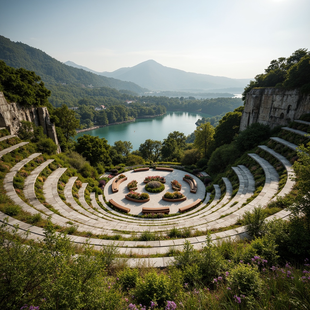 Prompt: Sweeping amphitheater curves, lush green hillsides, serene lake views, natural stone seating, wooden benches, vibrant flower arrangements, gentle water features, soft grassy slopes, rustic landscape lighting, warm sunny afternoon, shallow depth of field, 3/4 composition, panoramic view, realistic textures, ambient occlusion, harmonious color palette, organic forms, earthy tones, tranquil atmosphere.