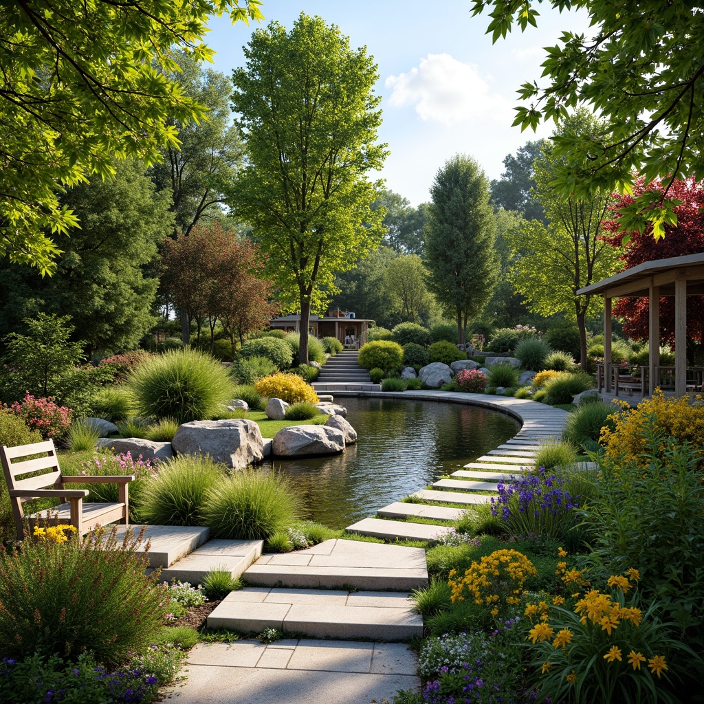 Prompt: Vibrant garden scenery, lush greenery, colorful blooming flowers, meandering stone pathways, serene water features, natural rock formations, wooden benches, rustic arbors, warm sunny day, soft diffused lighting, shallow depth of field, 3/4 composition, panoramic view, realistic textures, ambient occlusion.